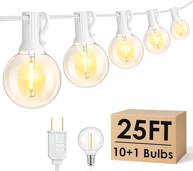 25FT G40 LED Outdoor String Lights with 10+1 Bulbs, Plug-in, White | Waterproof, Shatterproof, Dimmable, Connectable, Energy-saving, Patio Lights Porch Balcony Backyard Party Classroom Decor