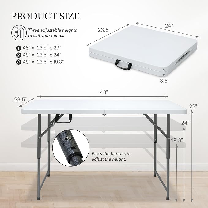 AJP Distributors 4 Foot Portable Plastic Folding Table 4FT 48" Half Foldable Heavy Duty Top w/Carry Handle - Indoor Outdoor Backyard Camping Picnic BBQ Party Wedding Dining Office Event Meeting White
