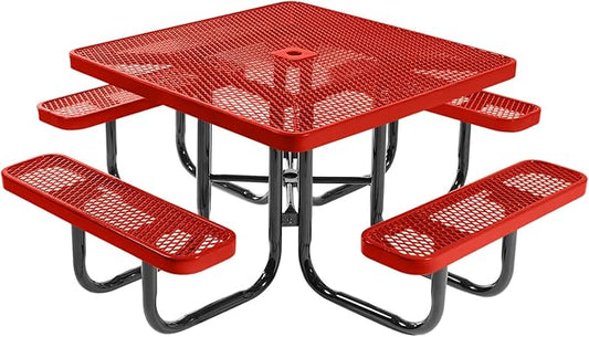 COATEDOUTDOORFURNITURE Heavy-Duty Portable Outdoor Picnic Table with Umbrella Hole, Expanded Metal Commercial-Grade Patio Dining Furniture Made in America (46" Square Top, Red)