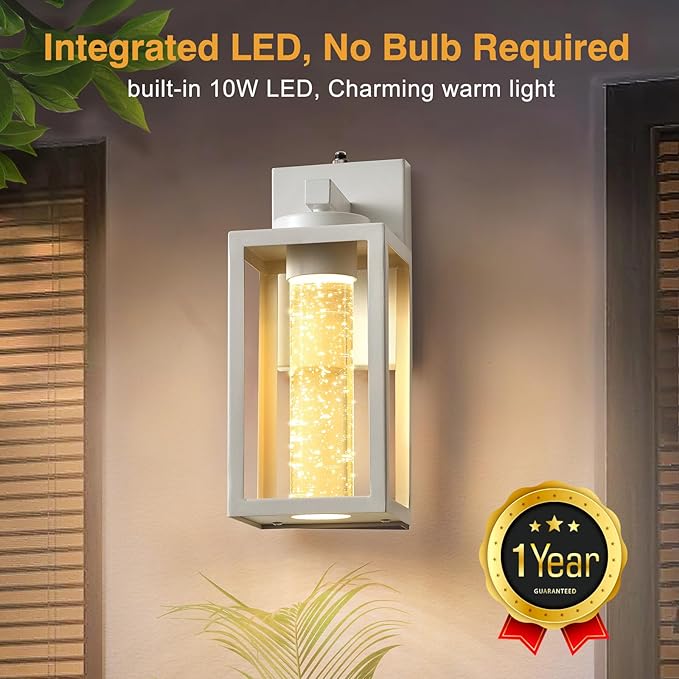 VIANIS 2 Pack Dusk to Dawn Outdoor Sconce Lights, White Built-in 10W LED Exterior Lighting Fixtures Wall Mount for House, Anti-Rust Modern Porch Lights Outdoor for Garage with Crystal Bubble Glass