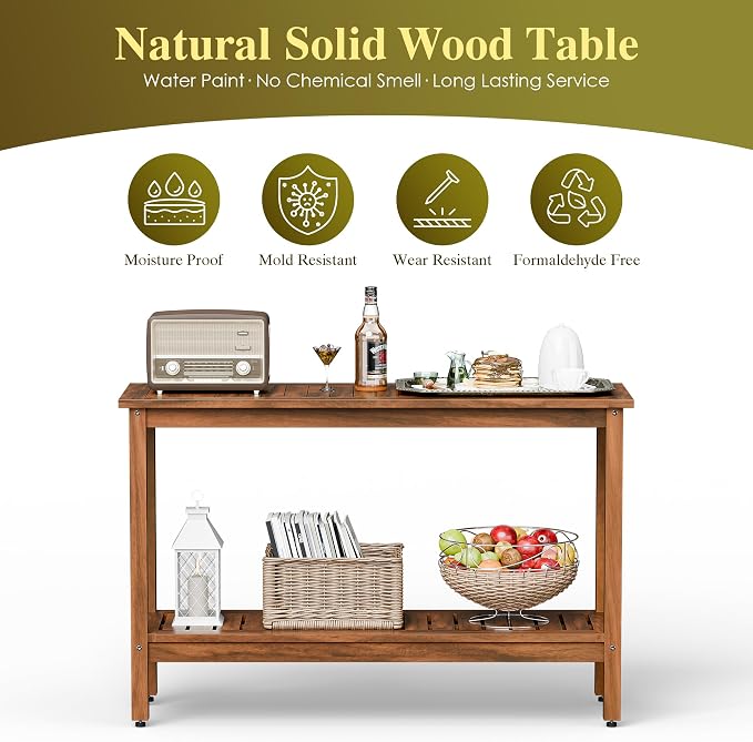 ZenStyle Solid Wood 48in 2-Shelf Console Table, Indoor Outdoor Accent Plant Table Storage Organizer w/Foot Sliders for Patio, Deck, Porch, Garden (Natural)