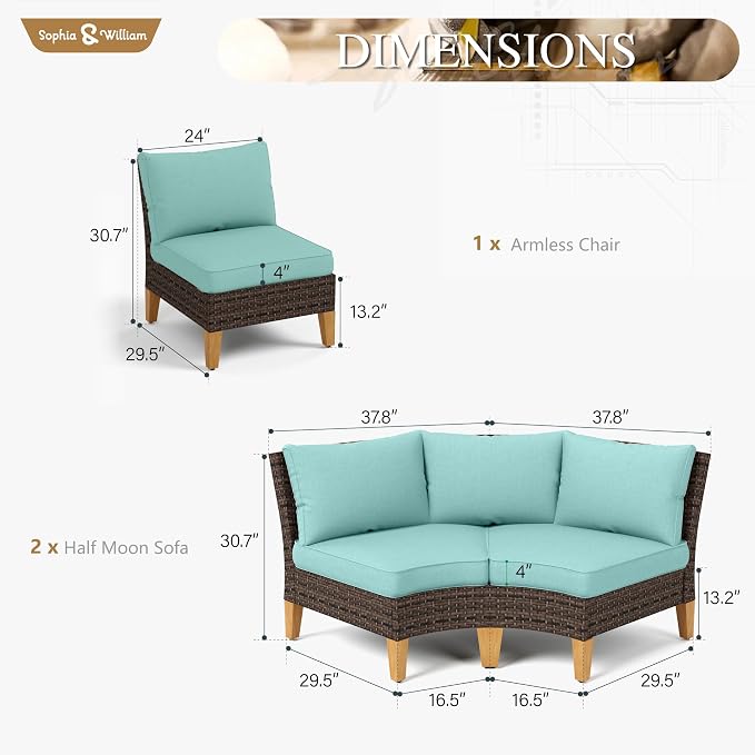 Sophia & William Patio Furniture Set, 5 Piece Half Moon Outdoor Wicker Sectional Sofa Set, Rattan Conversation Set for Backyard, Deck, Pool(Aqua Blue)