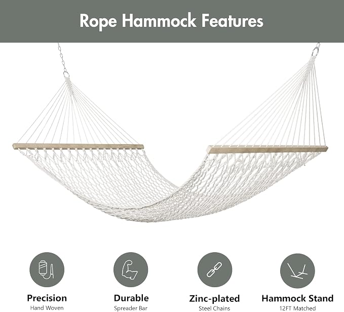 ANOW Outdoor Rope Hammock with Spreader Bars, Heavy Duty Hammock with Pad for Outdoors Indoors, 450 LBS Weight Capacity, Gray