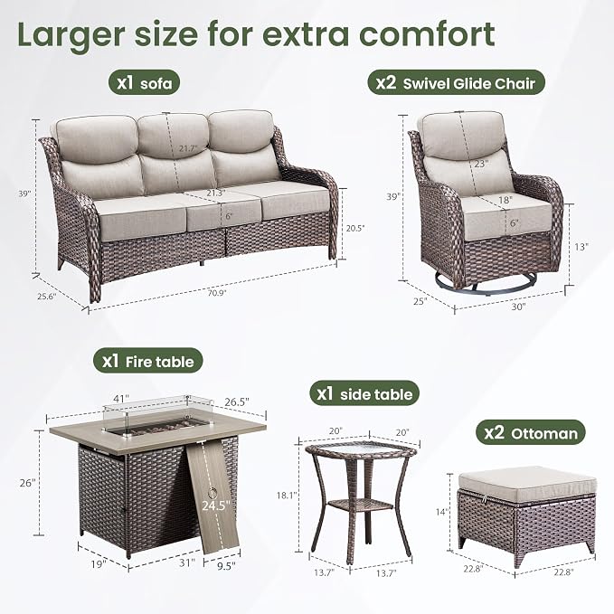 Luxury Patio Furniture Set with 6-inch Thick Cushion, Outdoor Furniture with Fire Pit Table, Swivel Chairs, Sofa, Side Table, Ottomans, 7pcs Wicker Conversation Set (Brown Wicker | Beige Cushion)
