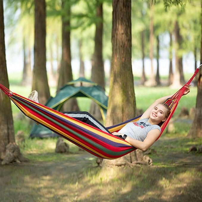 Generic Outdoor Canvas Swing Hammock 200x80cm Rainbow Color Thickened Fabric Hanging Chair for Camping Garden Patio Backyard