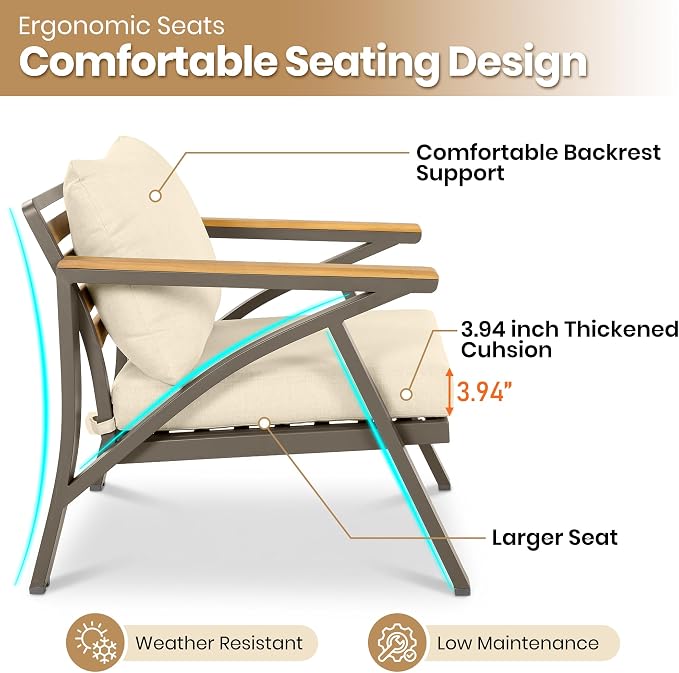 KLMM 6-Piece Outdoor Patio Furniture Set,Steel Frame Sofa Set with 3-Seat Couch, 2 Armchairs, 2 Ottomans & Acacia Wood Coffee Table,for Backyard, Garden, Poolside (Brown,Cream Beige-BC)