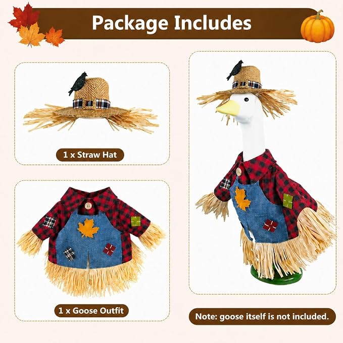 STONESTAR Scarecrow Porch Goose Outfits, Fall Thanksgiving Lawn Goose Statue Scarecrow Costume for 23" Lawn Geese, Autumn Halloween Goose Clothes for Outdoor Garden Patio Yard Decor
