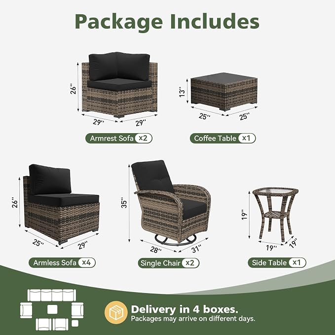 Aoxun 10 Piece Outdoor Patio Furniture Set with Coffee Table, Wicker Rattan Outdoor Furniture with High Back Swivel Rocker Chairs, Outdoor Conversation Set with Thick Cushion & Ottoman, Black