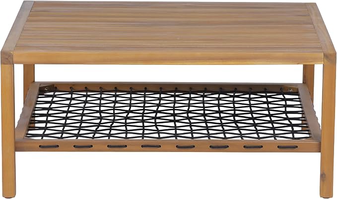Christopher Knight Home Outdoor Acacia Wood Coffee Table with Woven Rope Storage Shelf Square Patio Coffee Table 35.43 Inch for Balcony Backyard Poolside Natural Wood Finish