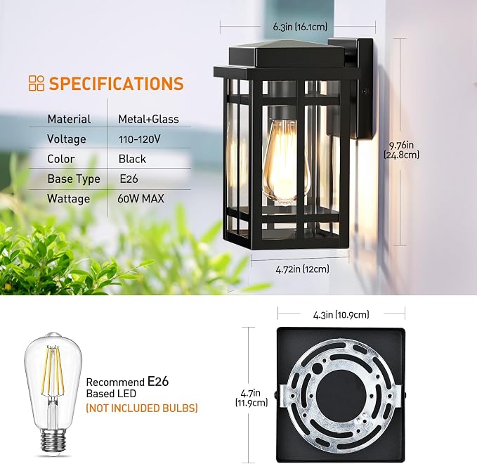 Outdoor Wall Light Fixtures 9.76'', Porch Lights Lantern, 2 Pack | Waterproof Exterior Modern Matte Black Wall Mount Lighting, Anti-Rust E26 Socket Outside Scones for Front Door Garage Patio