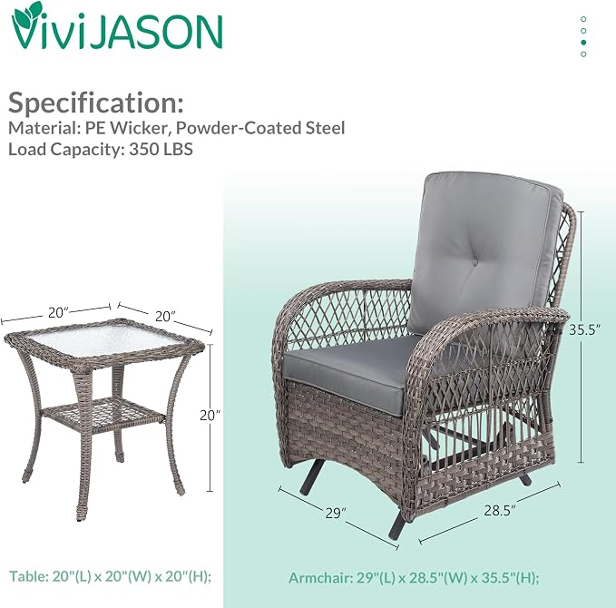 VIVIJASON 3-Piece Outdoor Patio Furniture Set, Outdoor Wicker Glider Rocking Chairs Rattan Conversation Bistro Sets w/ 2 Rattan Cushioned Chairs and Glass Top Side Table for Porch Backyard, Grey