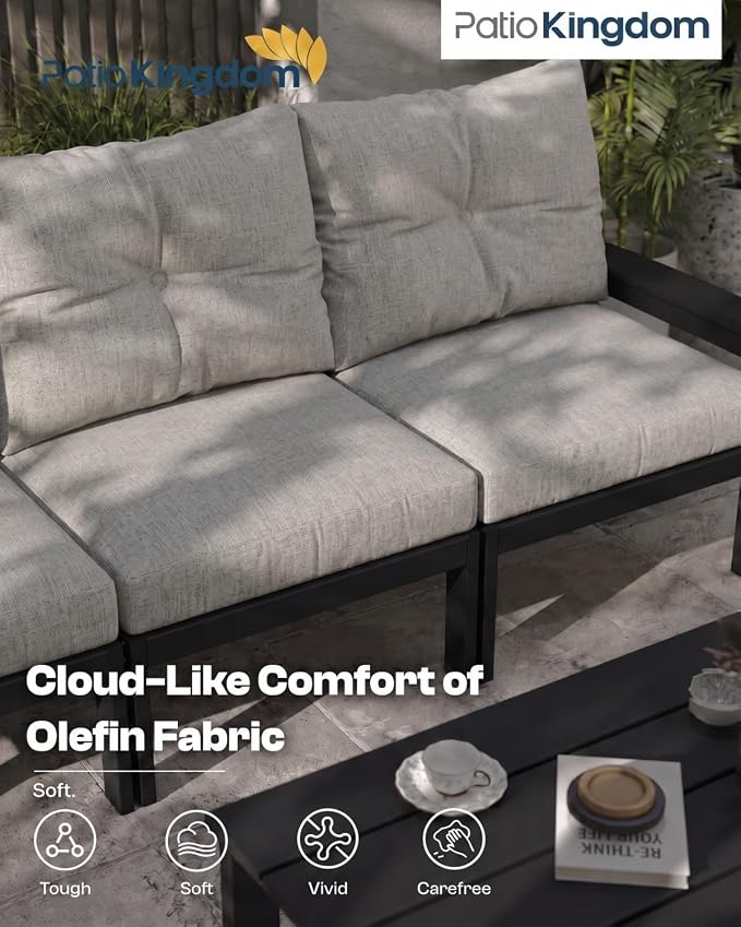 HDPE Patio Sofa Set, 3-Piece Sectional Outdoor Patio Furniture Set, All Weather Outdoor Couch Set with Grey Washable Thick Cushions for Lawn, Garden, Deck, Balcony, Porch(Black Frame)