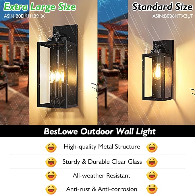 BesLowe 19” Large Outdoor Wall Light, 3-Light Exterior Porch Sconce, Black | Waterproof, Rust-Resistant, Durable Metal with Clear Glass, Standard E12 Socket, Easy to Install