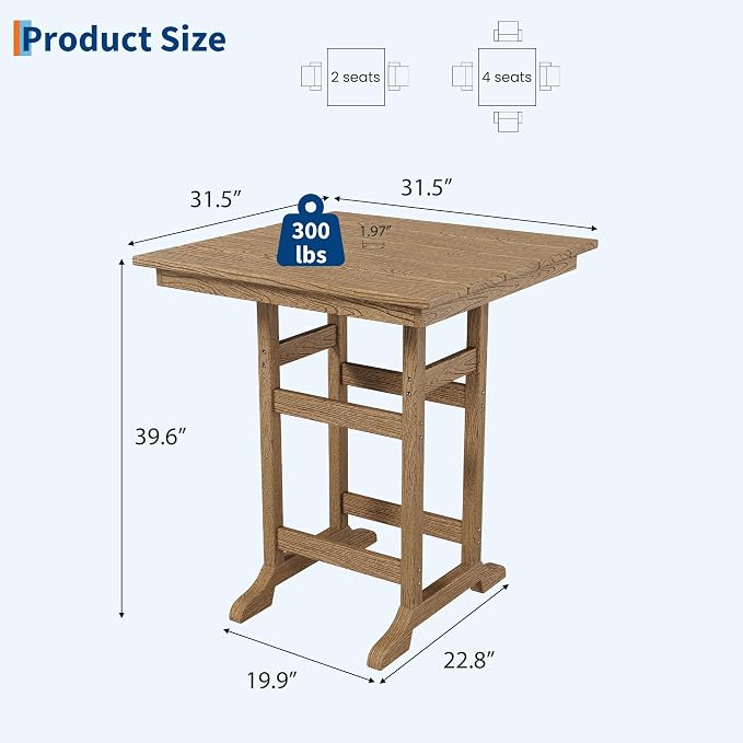 GAOMON Square Outdoor Bar Height Table, Patio Tall Side Bistro Table with Umbrella Hole, Weather Resistant High Top Dining Table for Backyard, Garden, Deck, Porch, Brown
