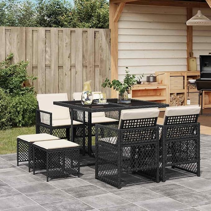9 Piece Garden Dining Set, Outdoor PE Rattan Dining Furniture with Tempered Glass Tabletop and Cushions, 8 Person Patio Table Set for Backyard Terrace, Black and Cream