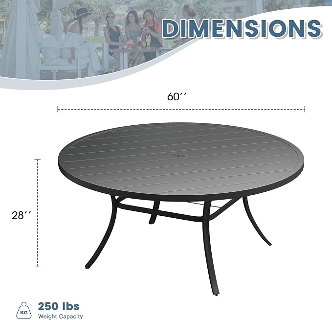 DIFY 60" Round Patio Dining Table for 8-10, Outdoor Metal Dining Table with 1.57" Umbrella Hole for Backyard Lawn Garden, Black