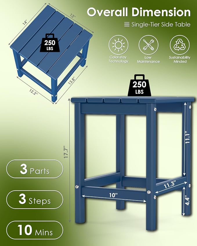 GREENVINES Adirondack-Outdoor-Side-Table | Single-Tier | 14 x 13 Inches | HDPE Plastic | All Weather | Blue | Outside End Tables | for Patio Porch Backyard Indoor
