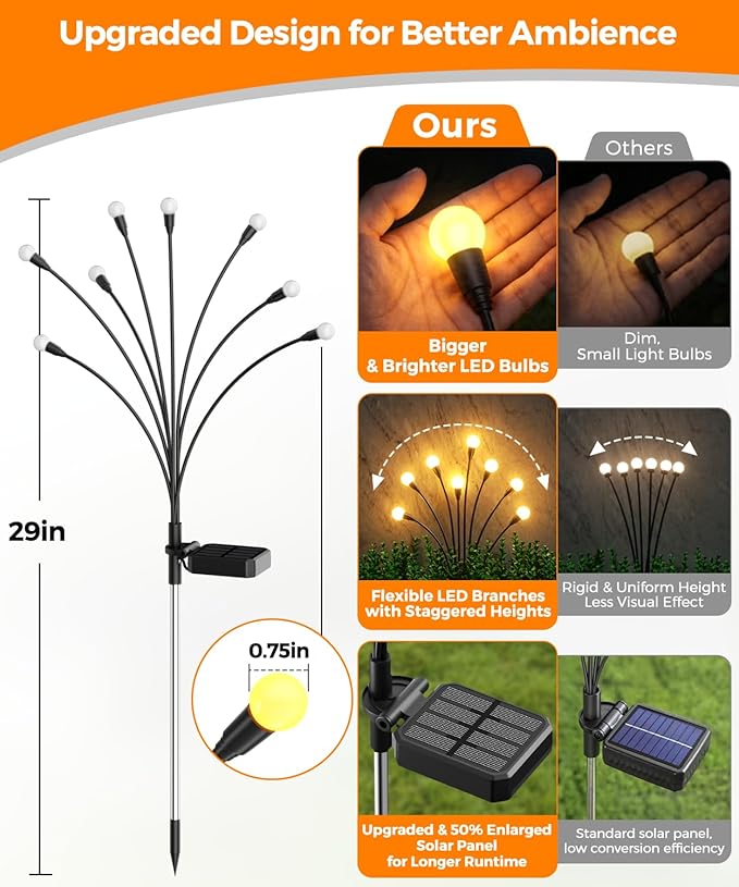 6 Pack Solar Garden Lights 48 LED, Solar Lights Outdoor Waterproof IP65, Decorative Garden Lights Solar Powered for Yard Patio Pathway Decor, Outside Fairy Firefly Lights Garden Gifts