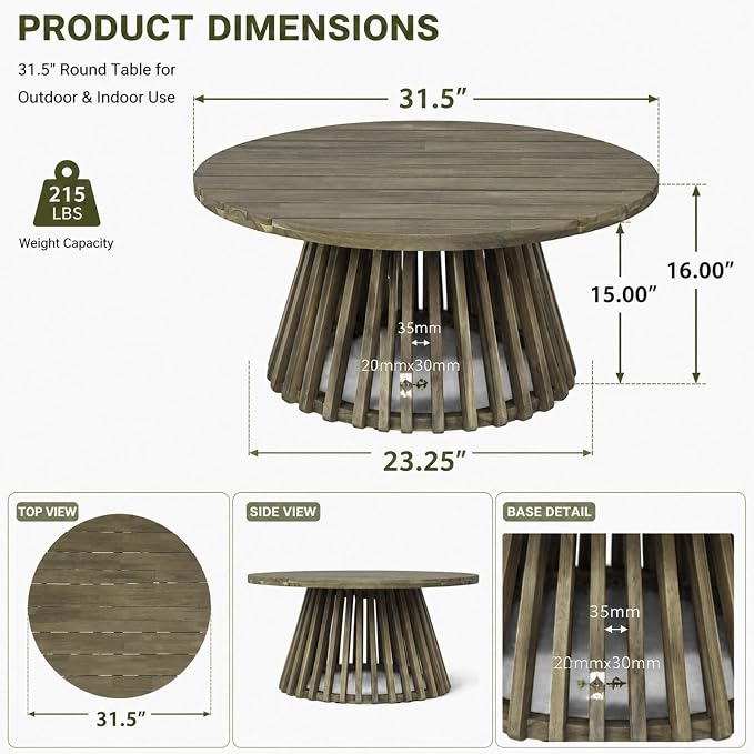 Round Outdoor Coffee Table for Patio, 31.5 Inch Acacia Wood Side Table with Slatted Pedestal Base, Farmhouse Outside Coffee Table for Garden, Balcony, Poolside, Porch, Weather-Resistant, Grey