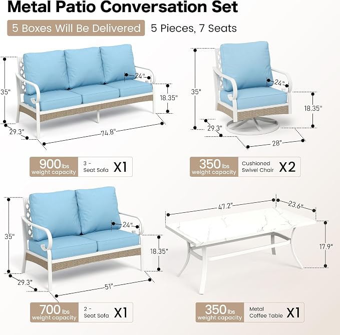 SUNSHINE VALLEY 6 Piece Metal Outdoor Patio Furniture Set, Patio Conversations Sets 3-Seater Sofa, 2-Seater Sofa, 2 Swivel Chair with 5.75" Thick Cushion & Coffee Table White Backyard Furniture, Blue