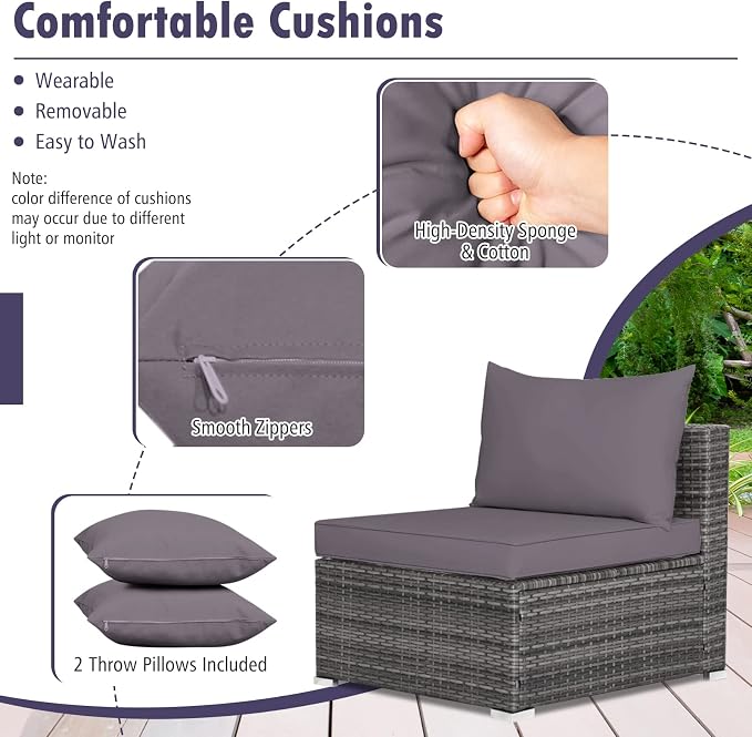 DORTALA 7 Pieces PE Rattan Patio Furniture Set, All-Weather Wicker Conversation Set W/Soft Cushions & Pillows, Coffee Table, Outdoor Sectional Sofa Set for Balcony, Poolside, Backyard, Grey