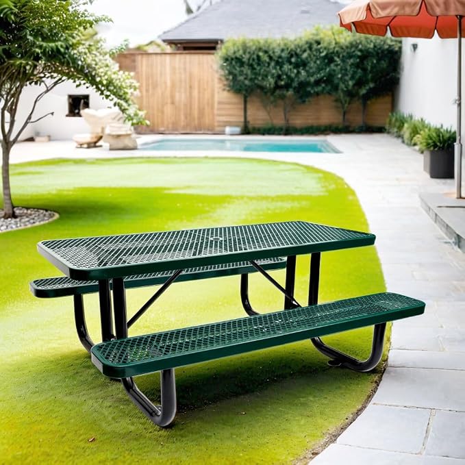6 ft. Rectangular Outdoor Steel Picnic Table with Umbrella Pole, Heavy-Duty Weather-Resistant Dining Table for Patio, Backyard, and Garden, Rust-Resistant Finish, Green