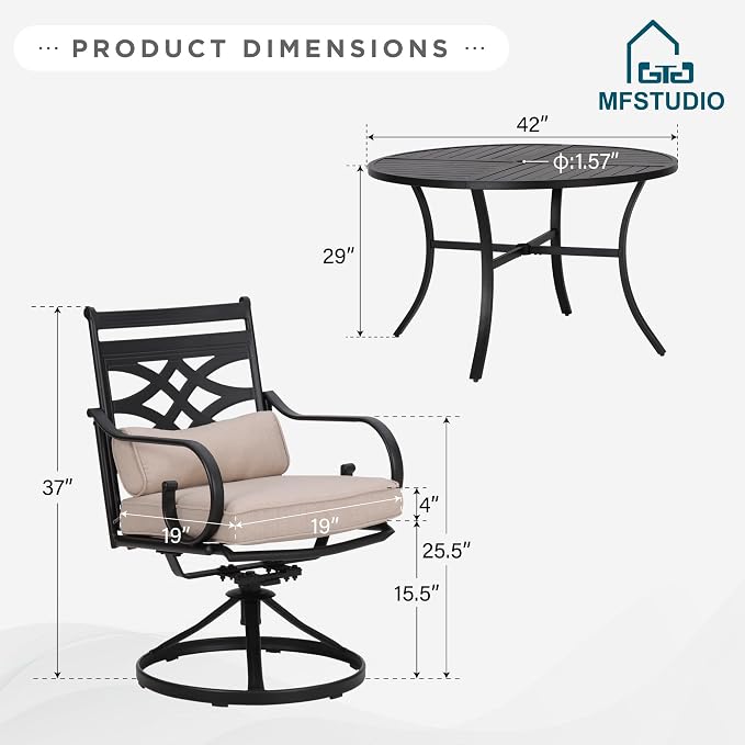 MFSTUDIO 5-Piece Patio Dining Set, 42" Round Metal Table, Swivel Chairs | Umbrella Hole