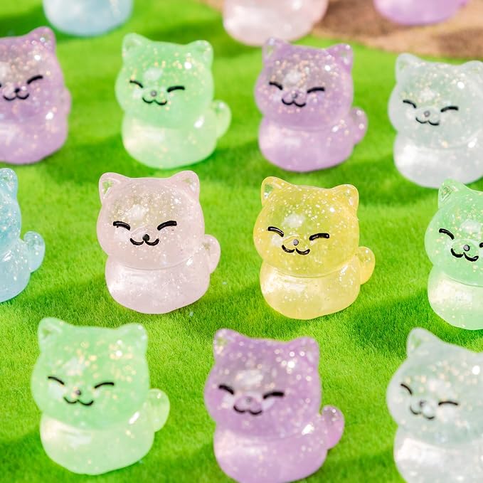 36 PCS Glitter Mini Resin Cat Figurines, Assorted Tiny Kitten Miniature Dollhouse Accessories, Bulk Cute Animal Ornaments for Micro Fairy Garden DIY Craft Aquarium Decor