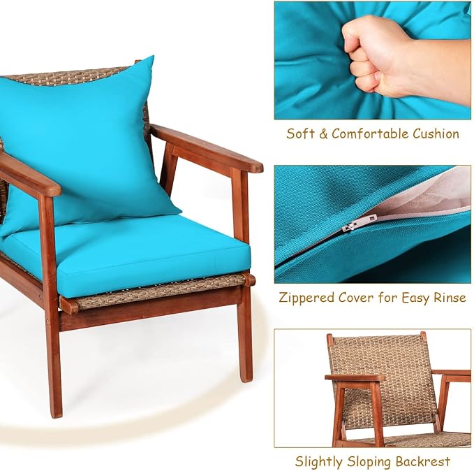 Tangkula 4 PCS Patio Wood Sofa Set, Outdoor Acacia Wood Seating Chat Set with Cushions & Coffee Table, Sectional Conversation Sofa Set for Garden, Backyard, Poolside (1, Turquoise)
