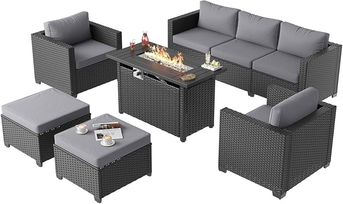 Aoxun Patio Furniture Set with Fire Pit Table, 6 Piece Outdoor Furniture Set with Wicker Ottomans, Rattan Outdoor Sectional Sofa with Thickened Cushion & Waterproof Cover Grey