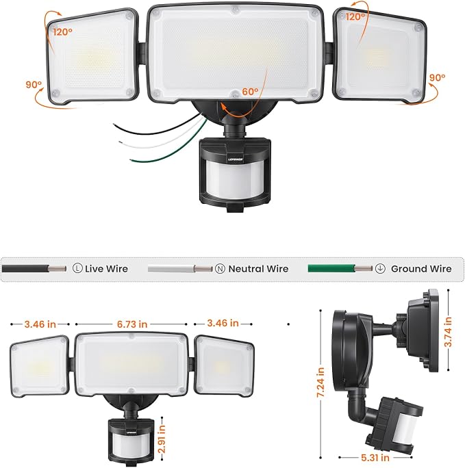 LEPOWER LED Security Light Motion Sensor Outdoor Lights, Bright 38W 4200LM | 72 FT Range, IP65, Easy to Install, 180° Motion Sensor, 5500K, 3 Head Detected Waterproof Flood Light for Garage, Yard, Porch