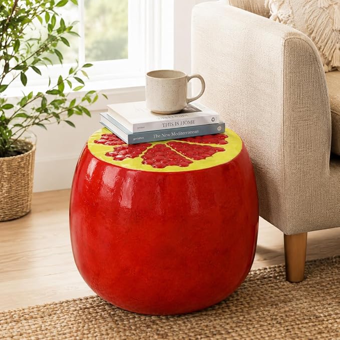 12.20" Pomegranate Outdoor Garden Stool, Funky Fruit Side Table Indoor, Vibrant Table Home Decor Plant Stand Garden Indoor Outdoor Decorations