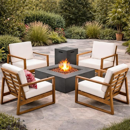 Christopher Knight Home Belgian Patio Furniture Set with Fire Pit Table and Tank Holder, Outdoor Conversation Set with Fire Table, Acacia Wood Lounge Chair Outdoor Set of 4, Teak+Cream+Dark Grey