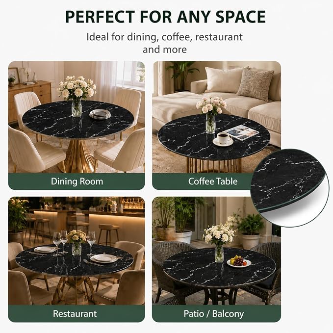 28" Round Tempered Glass Table Top, 5/16" (8mm) Thick, Marble Pattern Replacement, Heavy-Duty, Heat & Scratch Resistant for Coffee, Dining & Patio Tables, Black