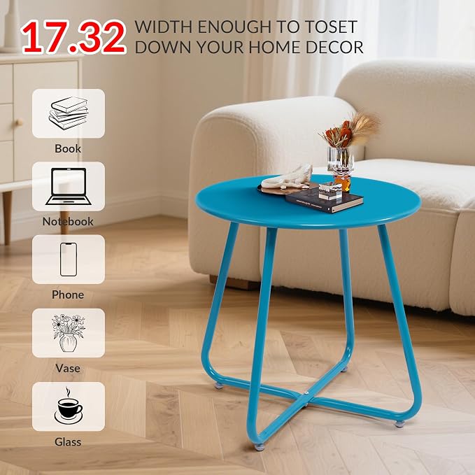 Patio Small Side Table Waterproof Round Metal Steel Weather Resistant Portable Outdoor and Indoor End Table for Garden Balcony Yard,Sky Blue(4 PCS)