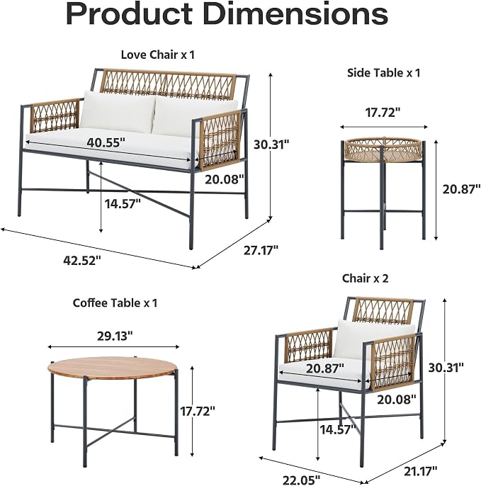 LAUSAINT HOME 5 Piece Patio Furniture Set, Outdoor Wicker Conversation Set with 2 PE Rattan Armchairs, 1 Loveseat with Cushions, Coffee Table & Side Table for Porch, Balcony, Garden, Poolside, Beige