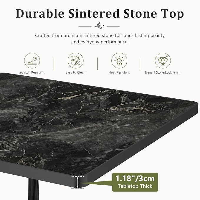 31.5" Outdoor Dining Table, Square Bistro Table w/Sintered Stone Tabletop | and Cast Iron Base, Weather Resistant Anti-Rust Small Patio Table for 2-4 for Outdoor Garden Café Use (Midnight Black)