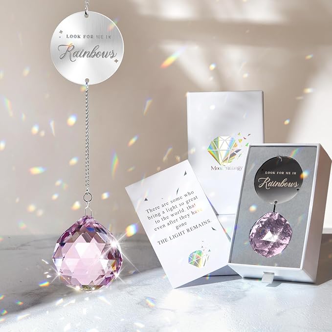 Mooncraftlogy Memorial Gift for Loss of Loved One, Light Crystal Suncatcher | Unique Sympathy Idea, Pink Memory Prism Crystal Ball, Grief Rainbow Sun Catcher, Bereavement Box for Mom Dad Son Daughter