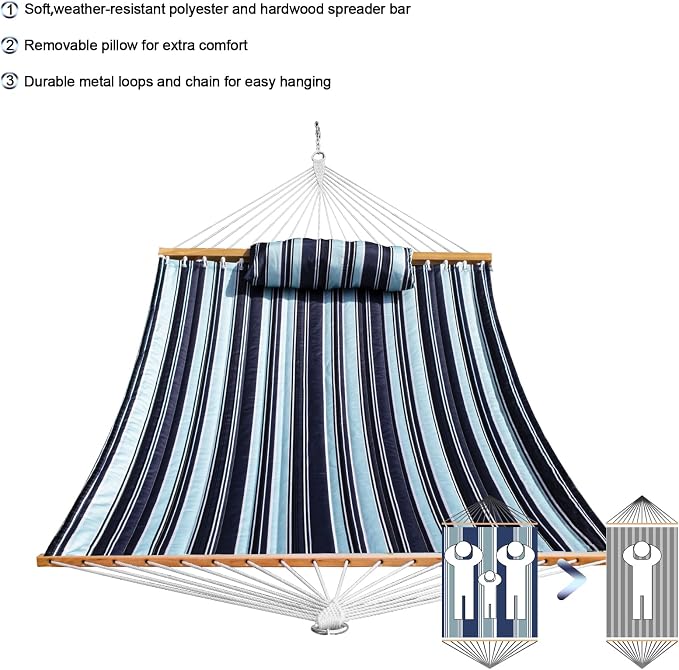 SZHLUX Outdoor Quilted Fabric Hammock with Spreader Bars and Detachable Pillow and Chains,Outdoor Patio Backyard Poolside, 450 LBS Weight Capacity, Catalina Beach