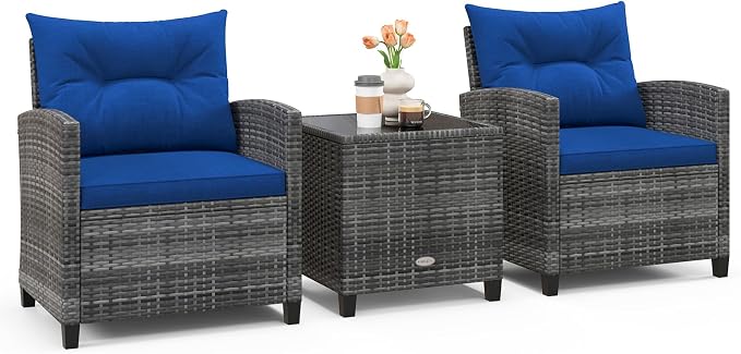 Patio Furniture Set, 3 Pcs Outdoor Wicker Conversation Set with Glass Coffee Table, Patio Chairs w/Washable Cushions, PE Rattan Outdoor Furniture Set for Porch Garden Backyard (Navy)