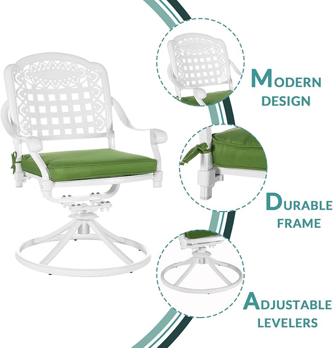 MEETWARM 5-Piece Outdoor Patio Dining Set, All-Weather Cast Aluminum Patio Conversation Set with 4 Cushions Swivel Rocker Chairs for Backyard Garden Deck and 35.4" Square Table, White