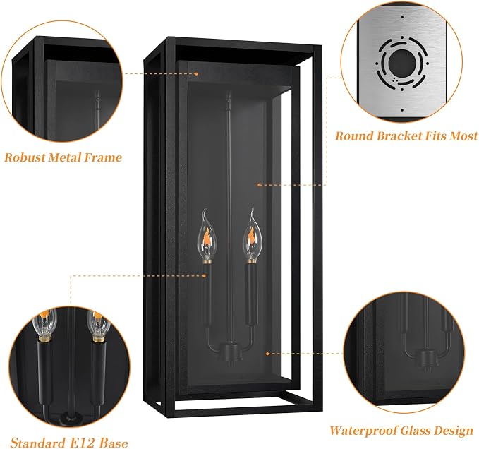24" Outdoor Wall Lights, 2 Pack Large Size Matte Black Outdoor Sconce Lights with Clear Glass Shade, Waterproof Porch Lighting Exterior Light Fixture for Front Door, Garage
