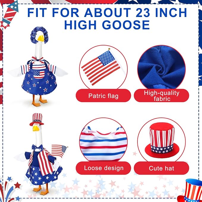 Abbylike 2 Set American 4th of July Porch Goose Outfits 250th Anniversary Goose Costume Clothes Fits Large 23'' Statues Cement for Independence Memorial Day Patriotic Lawn Yard Garden Decor