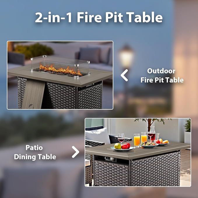 Luxury High Back Patio Furniture Set with Fire Pit Table and 6-Inch Thick Cushions, 5-Pieces Outdoor Furniture w/ 4 Swivel Chairs, Wicker Conversation Set for Porch, Balcony, Deck and Yard, Grey