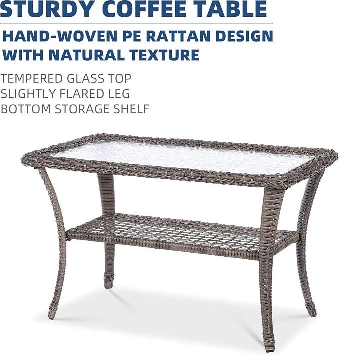 4-Piece Wicker Patio Furniture Sets Outdoor All-Weather Rattan Conversation Set Includes Glider Loveseat, Glass-Top Coffee Table, 2 Glider Rocker Chairs with Thickened Cushions, Gray