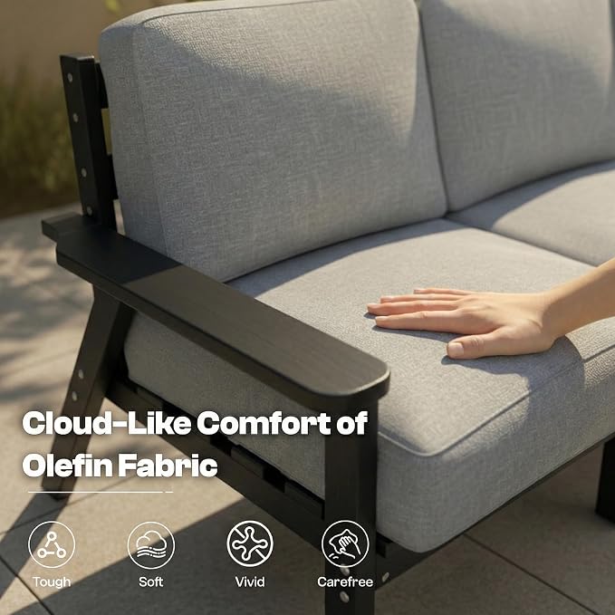 8 Piece Patio Furniture Set, HDPE Sectional Sofa Seating for 7, Includes 3-Seat Sofa, Loveseat, 2 Armchairs, Coffee Table, All-Weather Outdoor Conversation Set with Olefin Fabric, Black/Grey