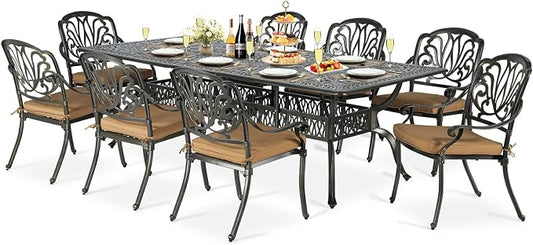 9-Piece Patio Cast Aluminum Dining Set, Outdoor Dining Furniture Set for 8 Person, Includes 94.5" Rectangular Dining Table and 8 Cushioned Chairs with Umbrella Hole for Deck Garden, Tan