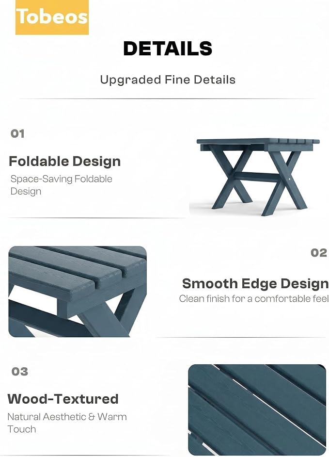 Outdoor Folding Side Table,HDPE Material, Portable Space-Saving Design, Weather-Ready with Authentic Wood-Grain Feel (Navy Blue, 1 Table)