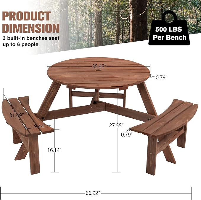 6-Person Circular Outdoor Wooden Picnic Table for Patio, Backyard, Garden, DIY w/ 3 Built-in Benches, 1720lb Capacity - Brown