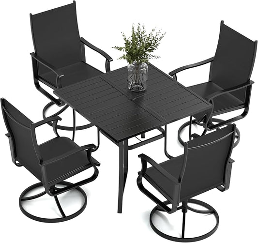 Amopatio 5 Pieces Patio Dining Set for 4, Outdoor Table and Chairs, 4 All Weather Swivel Patio Chairs, 36" Patio Spliced Square Table with Umbrella Hole, for Deck, Backyard, Poolside & Garden, Black